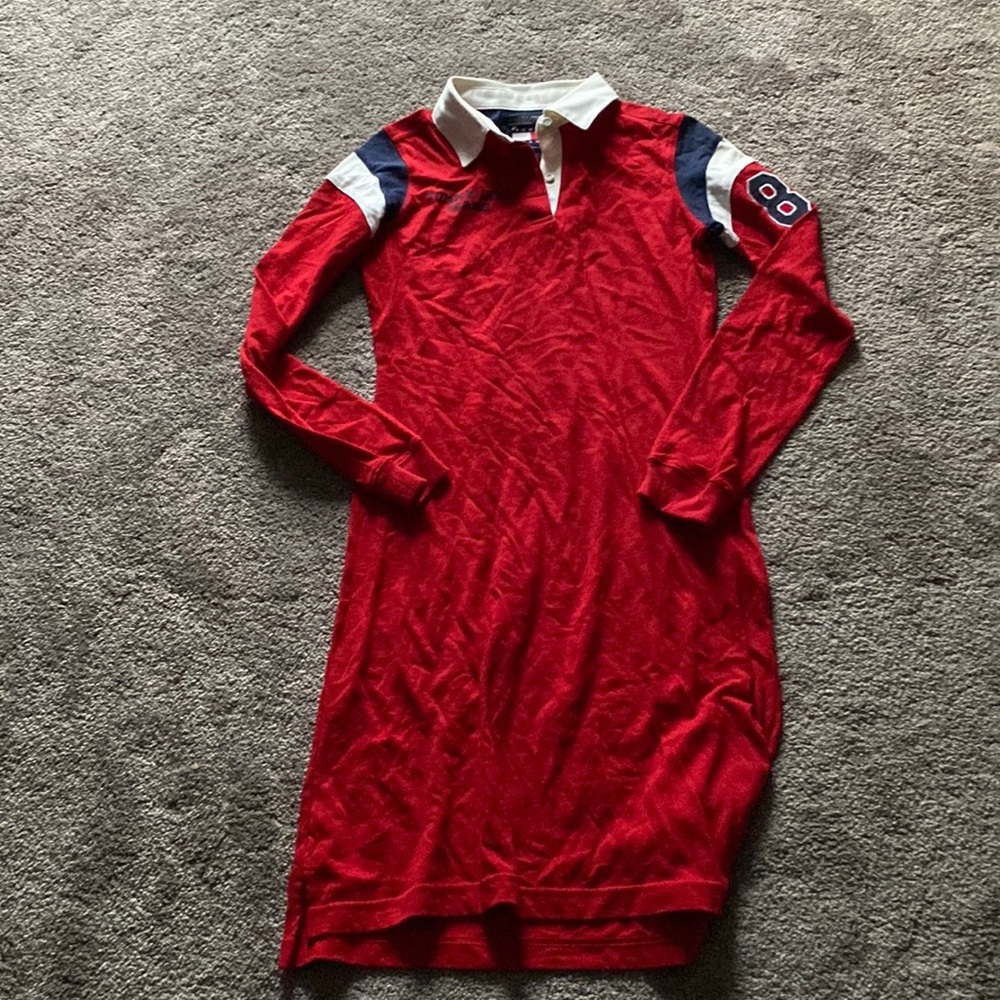 Tommy Hilfiger Polo Shirt Dress SIZE M Red Long Sleeve Rugby Style Logo Patch